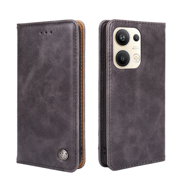 

For OPPO Reno9 Pro+ 5G Non-Magnetic Retro Texture Flip Leather Phone Case(Grey)
