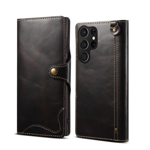 For Samsung Galaxy S23 Ultra 5G Denior Oil Wax Cowhide Magnetic Button Leather Phone Case(Black)