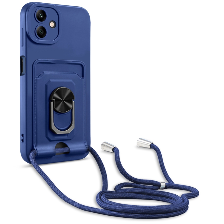 

For Samsung Galaxy A04 / M13 5G Ring Kickstand Card Wallet TPU Phone Case with Lanyard(Blue)