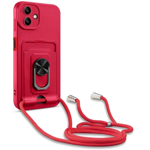 

For Samsung Galaxy A04 / M13 5G Ring Kickstand Card Wallet TPU Phone Case with Lanyard(Red)