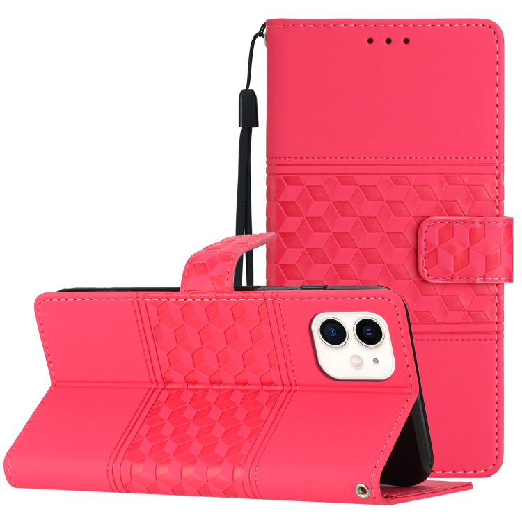 

For iPhone 12 mini Diamond Embossed Skin Feel Leather Phone Case with Lanyard(Red)