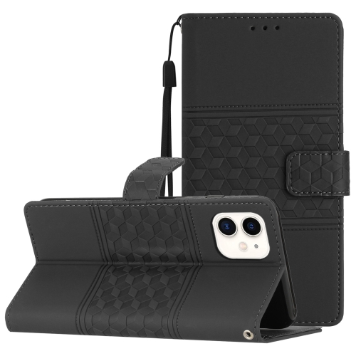 

For iPhone 12 mini Diamond Embossed Skin Feel Leather Phone Case with Lanyard(Black)