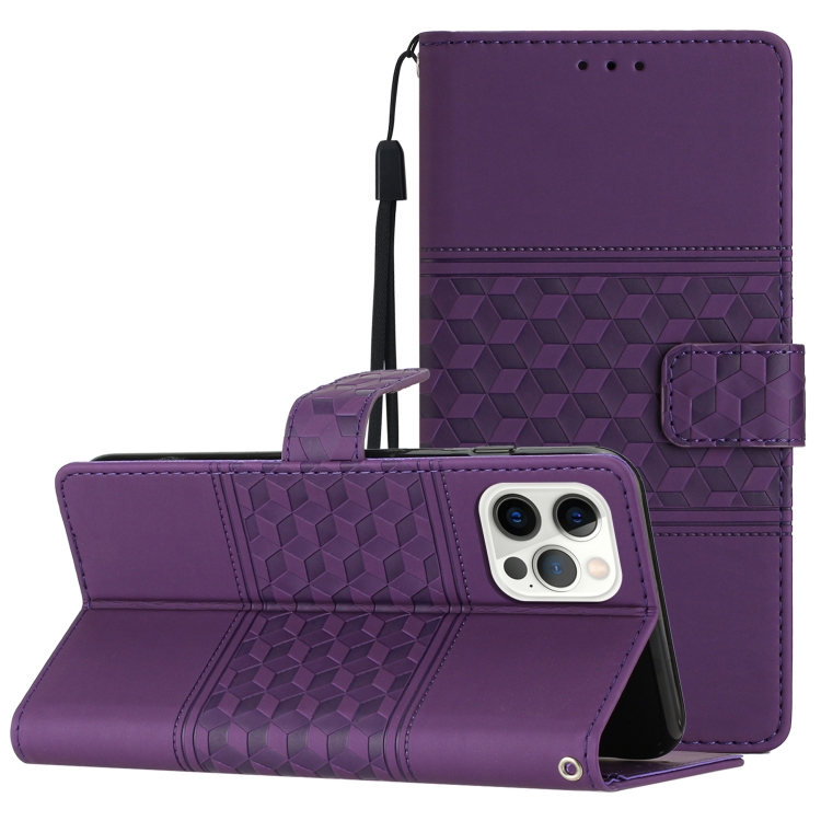 

For iPhone 12 Pro Diamond Embossed Skin Feel Leather Phone Case with Lanyard(Purple)