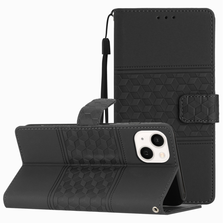 

For iPhone 13 Diamond Embossed Skin Feel Leather Phone Case with Lanyard(Black)