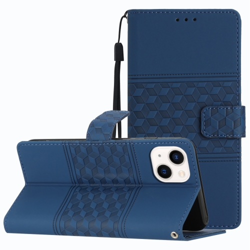 

For iPhone 13 mini Diamond Embossed Skin Feel Leather Phone Case with Lanyard(Dark Blue)