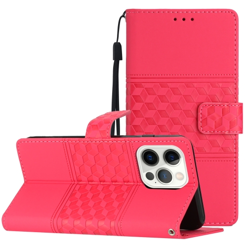 

For iPhone 13 Pro Diamond Embossed Skin Feel Leather Phone Case with Lanyard(Red)