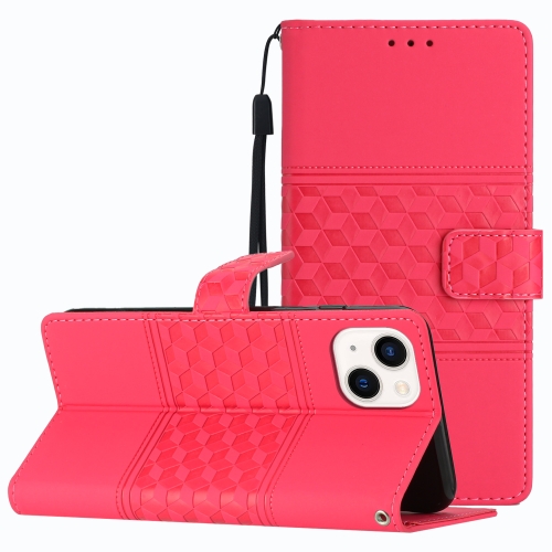 

For iPhone 14 Diamond Embossed Skin Feel Leather Phone Case with Lanyard(Red)