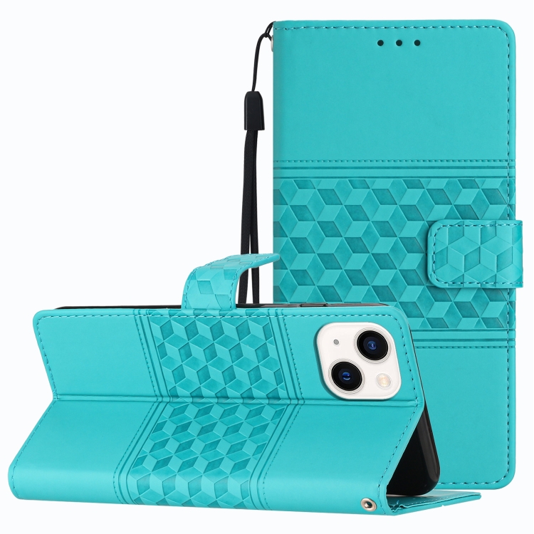 

For iPhone 14 Plus Diamond Embossed Skin Feel Leather Phone Case with Lanyard(Blue)