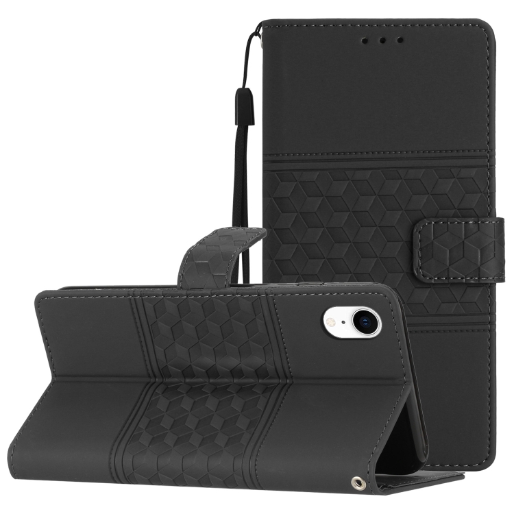 

For iPhone XR Diamond Embossed Skin Feel Leather Phone Case with Lanyard(Black)