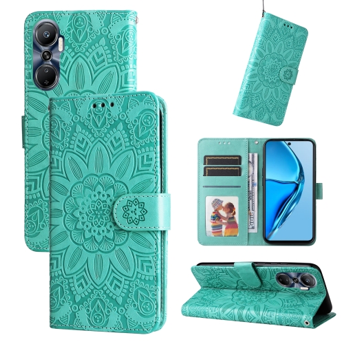 

For Infinix Hot 20 4G Embossed Sunflower Leather Phone Case(Green)