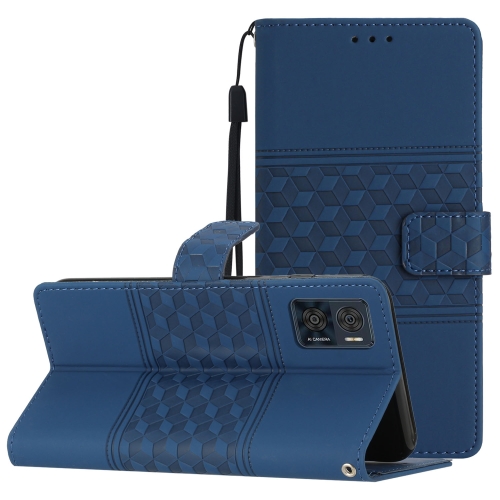 

For Motorola Moto E22 Diamond Embossed Skin Feel Leather Phone Case with Lanyard(Dark Blue)