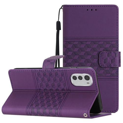 

For Motorola Moto E32 Diamond Embossed Skin Feel Leather Phone Case with Lanyard(Purple)