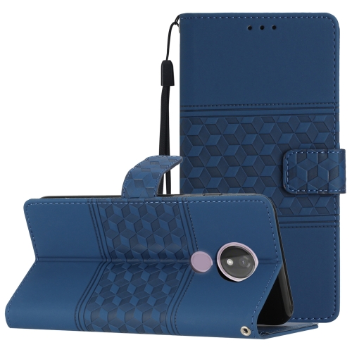 

For Motorola Moto G7 Power Diamond Embossed Skin Feel Leather Phone Case with Lanyard(Dark Blue)