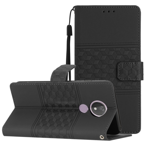 

For Motorola Moto G7 Power Diamond Embossed Skin Feel Leather Phone Case with Lanyard(Black)