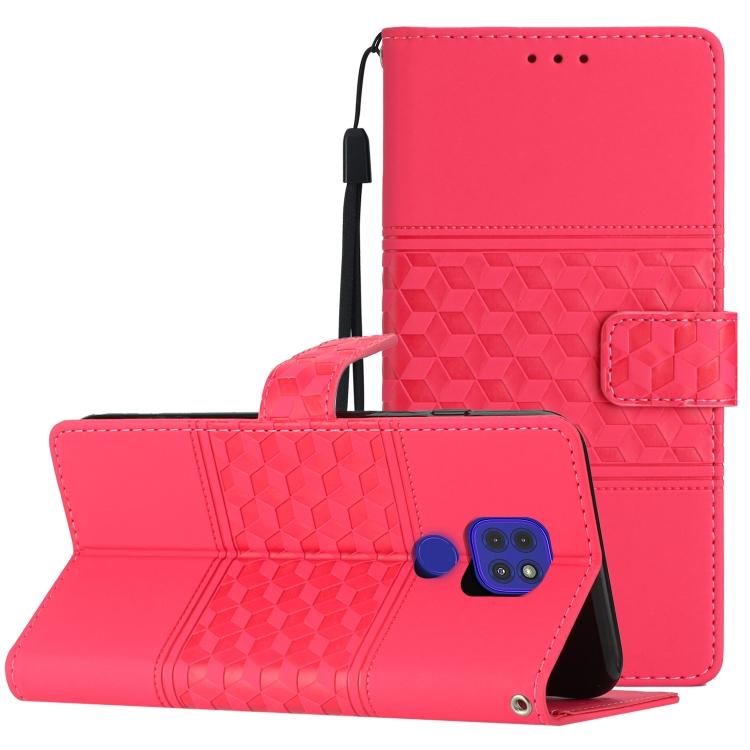 

For Motorola Moto G9 / G9 Play Diamond Embossed Skin Feel Leather Phone Case with Lanyard(Red)