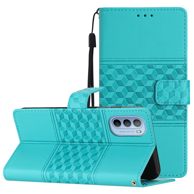 

For Motorola Moto G62 Diamond Embossed Skin Feel Leather Phone Case with Lanyard(Blue)