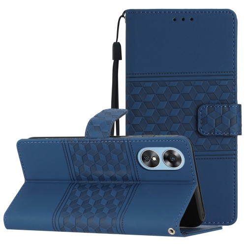 

For OPPO A17 Diamond Embossed Skin Feel Leather Phone Case with Lanyard(Dark Blue)