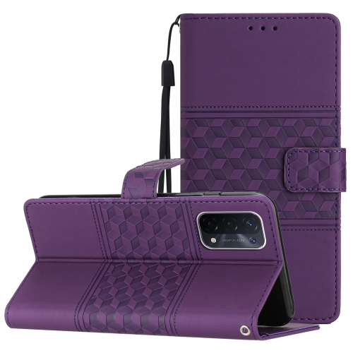 

For OPPO A74 / A54 / A93 Diamond Embossed Skin Feel Leather Phone Case with Lanyard(Purple)