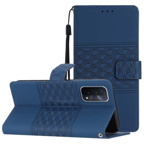 

For OPPO A74 / A54 / A93 Diamond Embossed Skin Feel Leather Phone Case with Lanyard(Dark Blue)