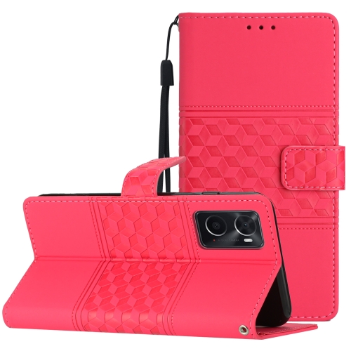 

For OPPO A76 / A36 / A96 Diamond Embossed Skin Feel Leather Phone Case with Lanyard(Red)