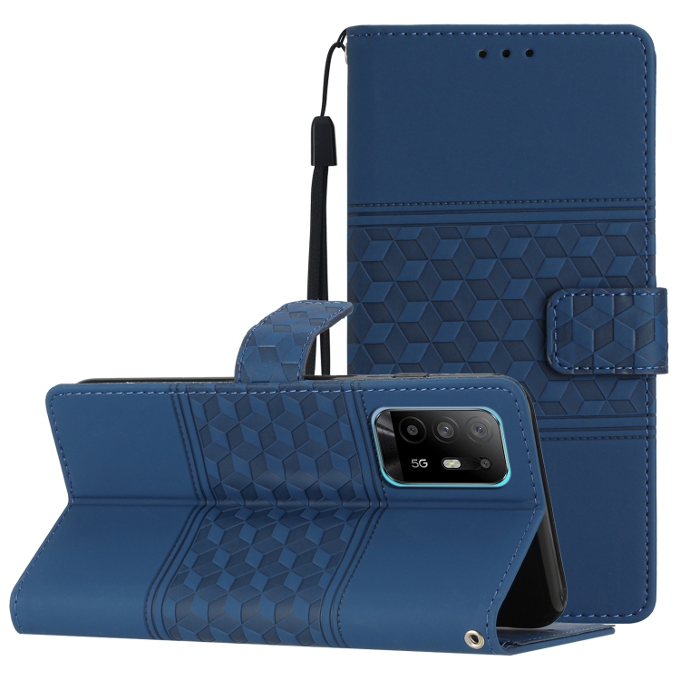 

For OPPO A94 5G Diamond Embossed Skin Feel Leather Phone Case with Lanyard(Dark Blue)