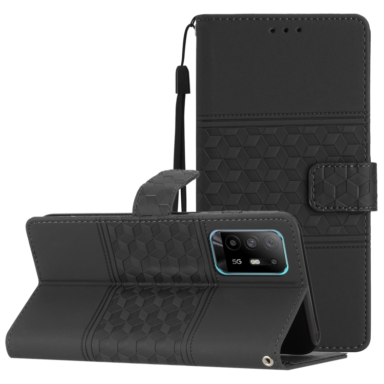 

For OPPO A94 5G Diamond Embossed Skin Feel Leather Phone Case with Lanyard(Black)
