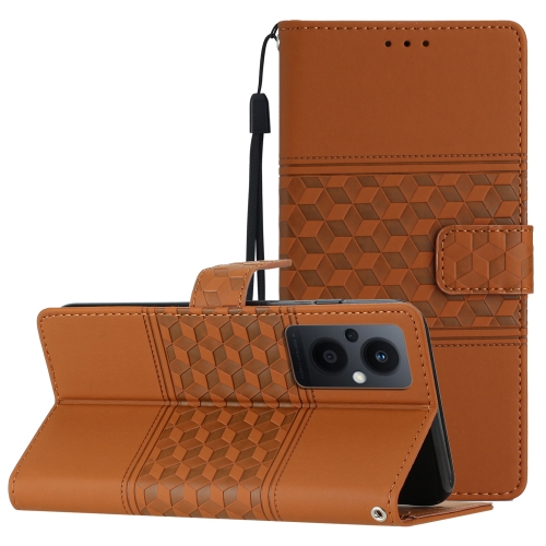 

For OPPO Reno8 Lite 5G Diamond Embossed Skin Feel Leather Phone Case with Lanyard(Brown)