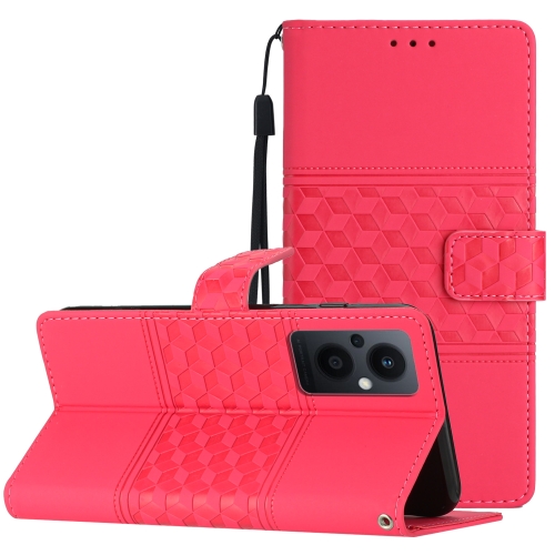 

For OPPO Reno8 Lite 5G Diamond Embossed Skin Feel Leather Phone Case with Lanyard(Red)