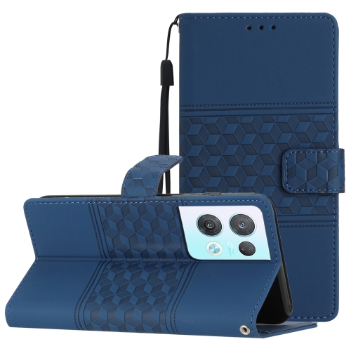 

For OPPO Reno8 Pro 5G Diamond Embossed Skin Feel Leather Phone Case with Lanyard(Dark Blue)
