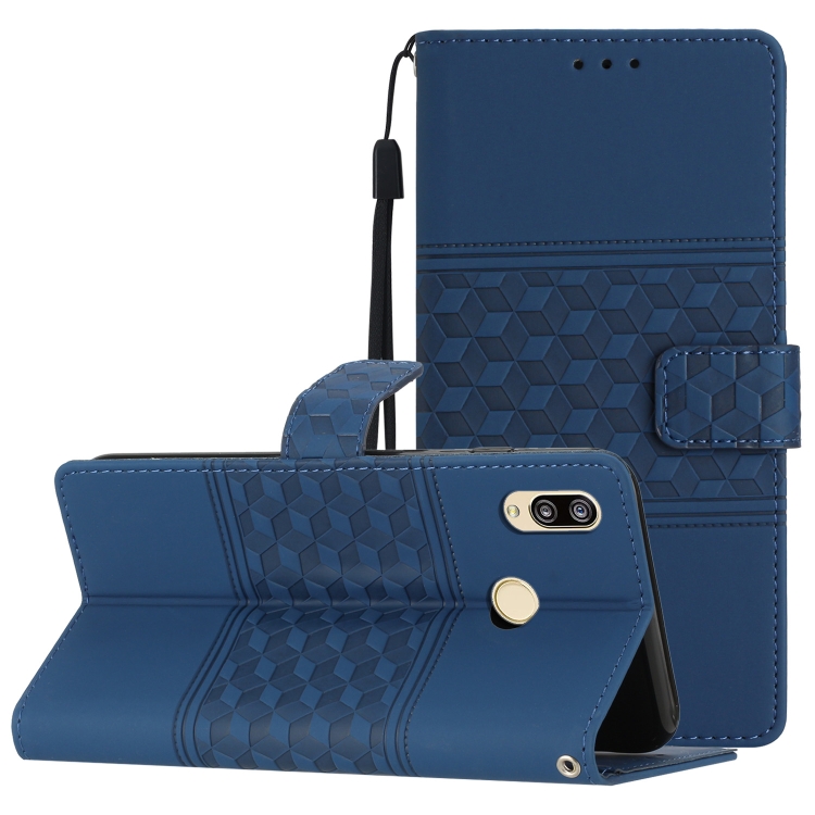 

For Honor 10 Lite Diamond Embossed Skin Feel Leather Phone Case with Lanyard(Dark Blue)