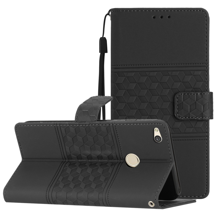 

For Huawei P8 Lite 2017 Diamond Embossed Skin Feel Leather Phone Case with Lanyard(Black)
