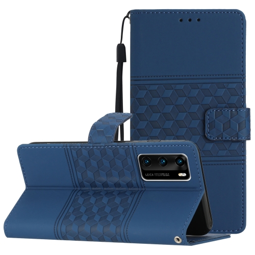 

For Huawei P40 Diamond Embossed Skin Feel Leather Phone Case with Lanyard(Dark Blue)