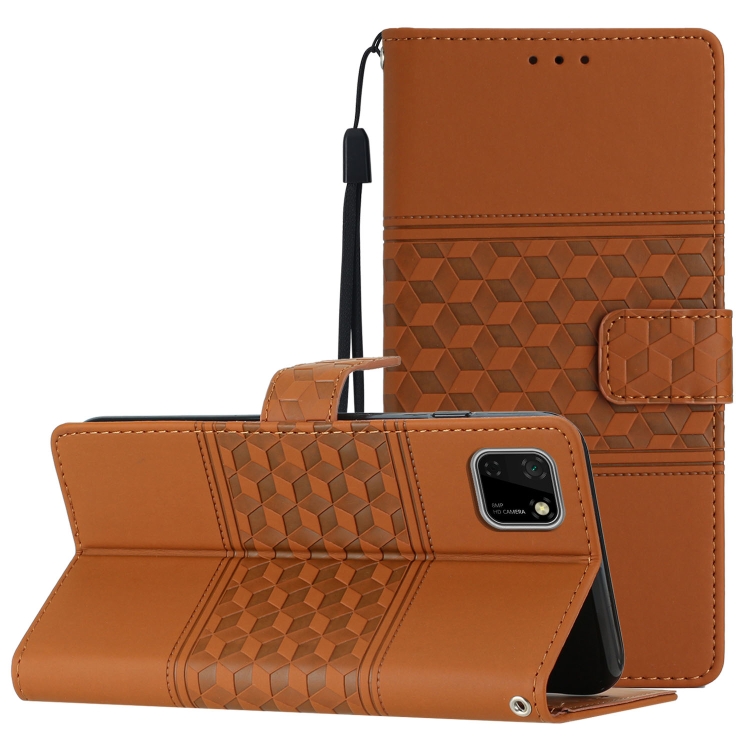 

For Huawei Y5p Diamond Embossed Skin Feel Leather Phone Case with Lanyard(Brown)