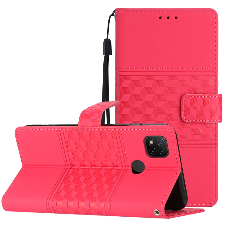 

For Xiaomi Redmi 9C Diamond Embossed Skin Feel Leather Phone Case with Lanyard(Red)