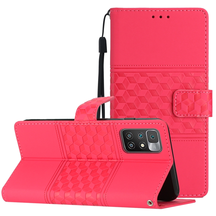 

For Xiaomi Redmi 10 Diamond Embossed Skin Feel Leather Phone Case with Lanyard(Red)
