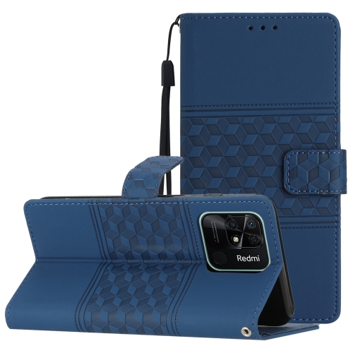 

For Xiaomi Redmi 10C Diamond Embossed Skin Feel Leather Phone Case with Lanyard(Dark Blue)