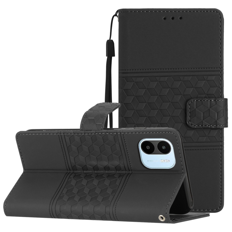 

For Xiaomi Redmi A1 Diamond Embossed Skin Feel Leather Phone Case with Lanyard(Black)
