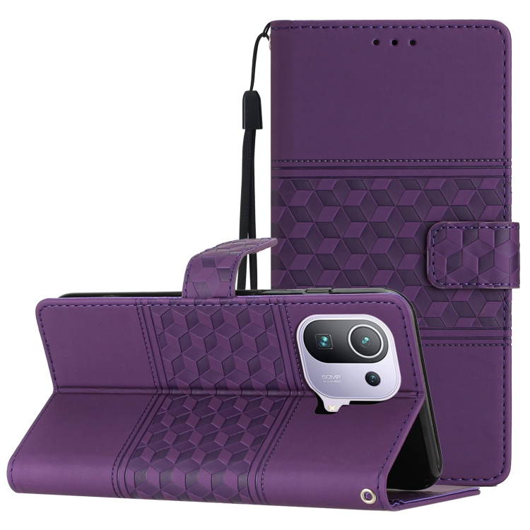 

For Xiaomi Mi 11 Pro Diamond Embossed Skin Feel Leather Phone Case with Lanyard(Purple)