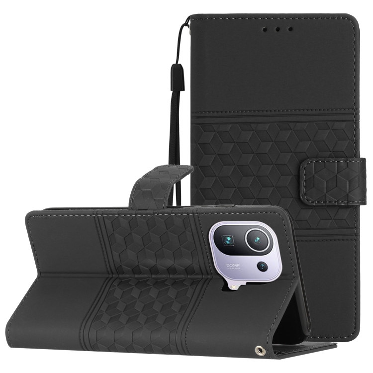 

For Xiaomi Mi 11 Pro Diamond Embossed Skin Feel Leather Phone Case with Lanyard(Black)