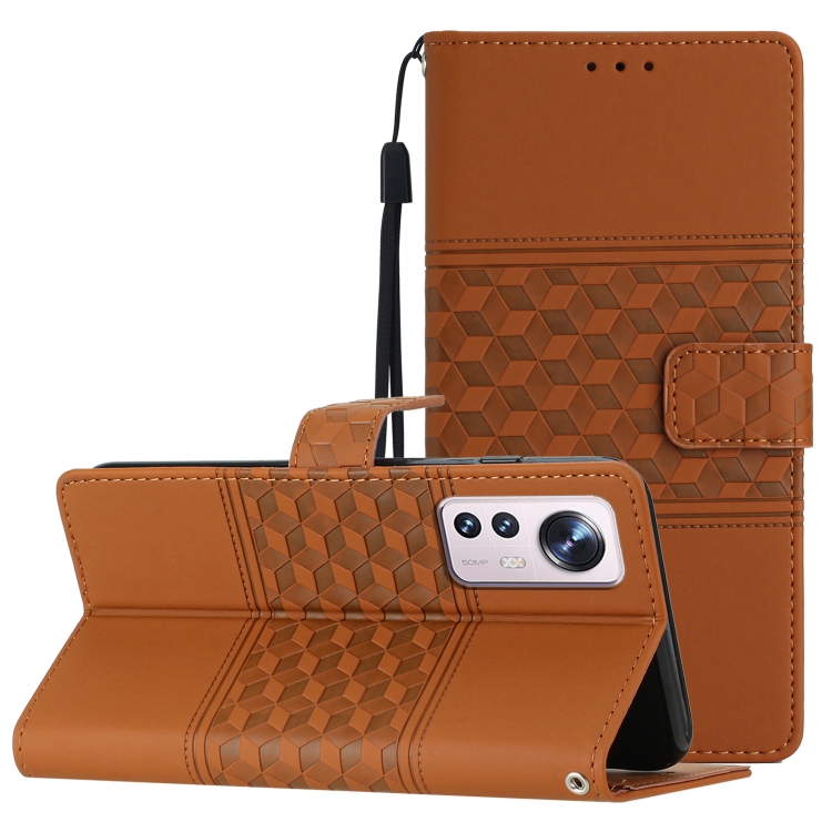

For Xiaomi 12 Pro Diamond Embossed Skin Feel Leather Phone Case with Lanyard(Brown)
