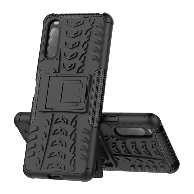

For Sony Xperia 10 Ⅱ Tire Texture Shockproof TPU+PC Protective Case with Holder(Black)