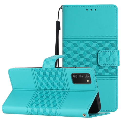 

For Samsung Galaxy A02s EU Edition Diamond Embossed Skin Feel Leather Phone Case with Lanyard(Blue)