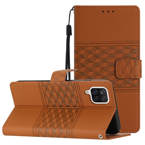 

For Samsung Galaxy A12 Diamond Embossed Skin Feel Leather Phone Case with Lanyard(Brown)
