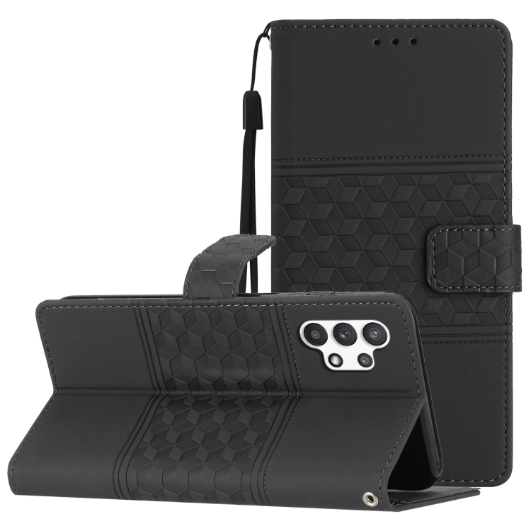 

For Samsung Galaxy A32 5G Diamond Embossed Skin Feel Leather Phone Case with Lanyard(Black)
