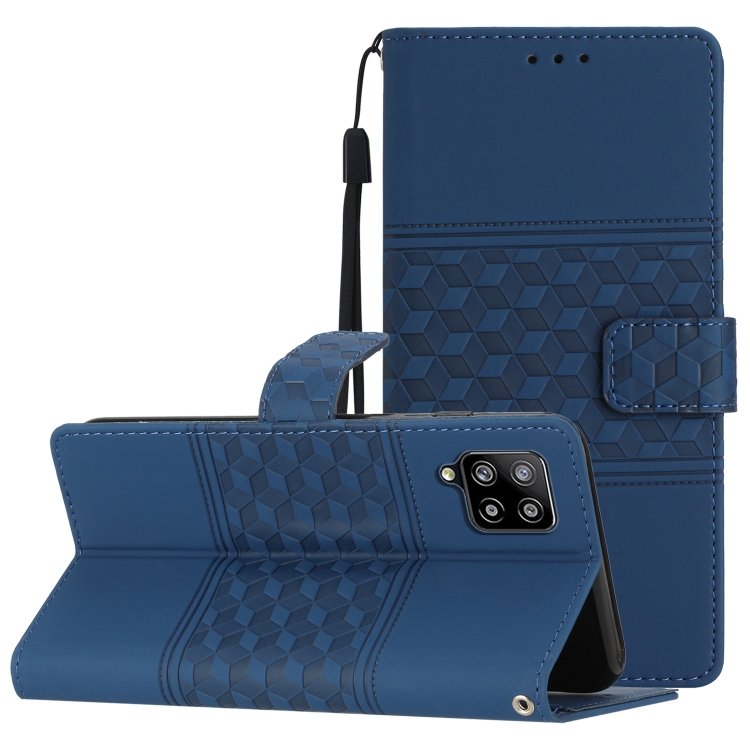 

For Samsung Galaxy A42 Diamond Embossed Skin Feel Leather Phone Case with Lanyard(Dark Blue)