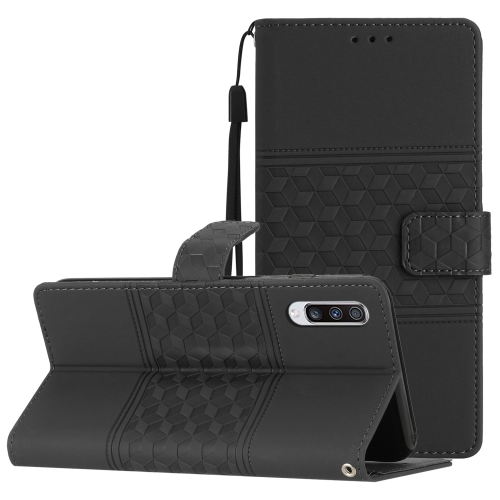 

For Samsung Galaxy A50 Diamond Embossed Skin Feel Leather Phone Case with Lanyard(Black)