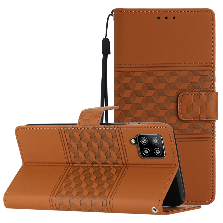 

For Samsung Galaxy M32 Diamond Embossed Skin Feel Leather Phone Case with Lanyard(Brown)