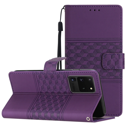 

For Samsung Galaxy S20 Ultra Diamond Embossed Skin Feel Leather Phone Case with Lanyard(Purple)