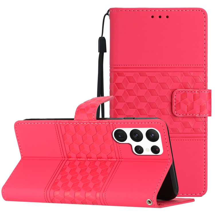 

For Samsung Galaxy S23 Ultra 5G Diamond Embossed Skin Feel Leather Phone Case with Lanyard(Red)