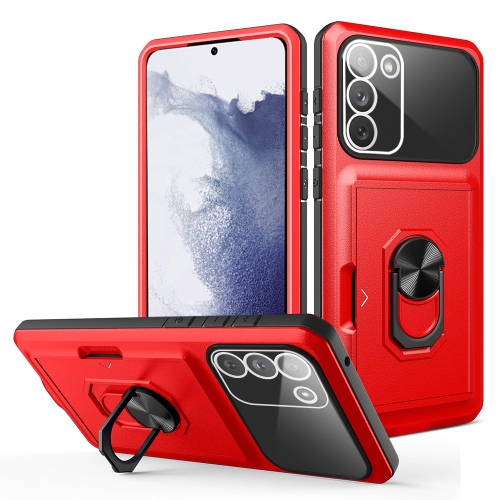 

For Samsung Galaxy S23 5G Card Ring Holder Shockproof Phone Case(Red Black)